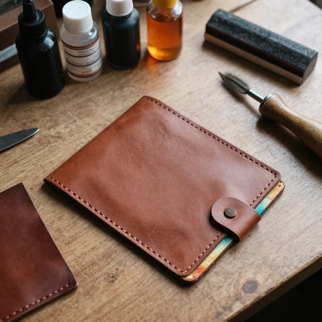 Overhead view of leathercraft workspace